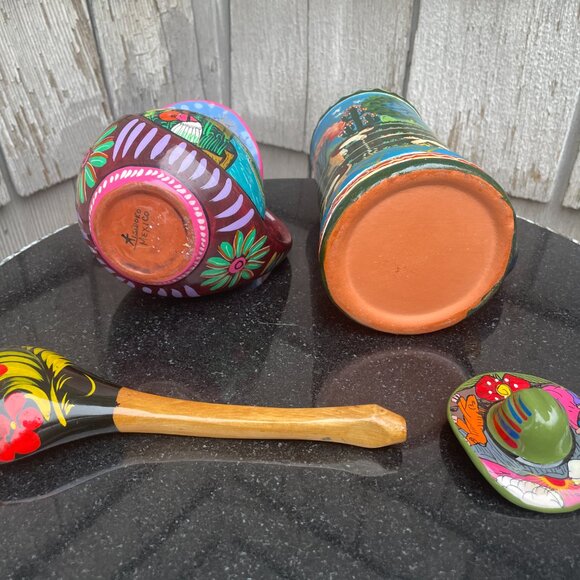 Isidoro Mexico Painted Stein Terracota Pitcher Magnet Wooden Spoon Floral Set - Picture 15 of 16